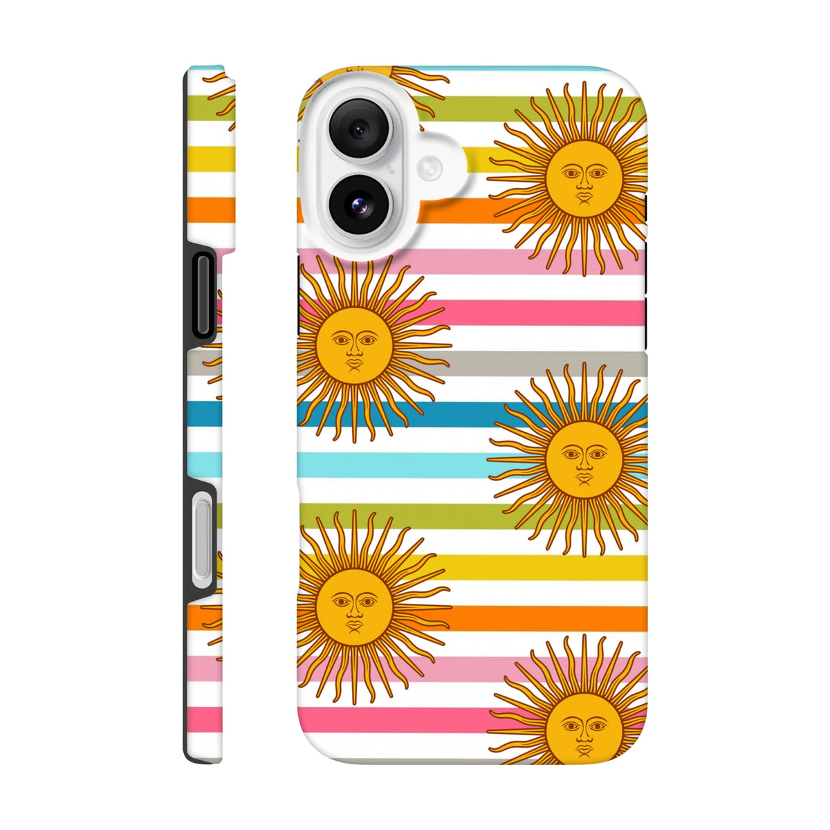 Retro sun stripe iPhone case with celestial sun faces over multicolored horizontal stripes and tough side protection.