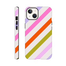Retro colourful diagonal stripe tough iPhone case with pink, orange, and green stripes. Shock-absorbing dual-layer protection for drops and scratches.