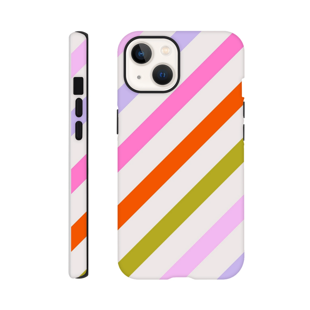 Retro colourful diagonal stripe tough iPhone case with pink, orange, and green stripes. Shock-absorbing dual-layer protection for drops and scratches.
