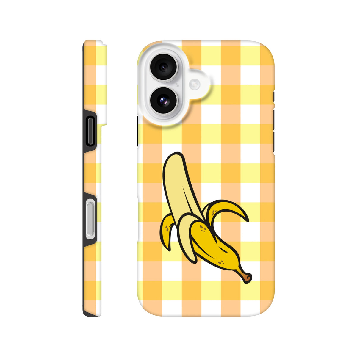 Cute yellow gingham iPhone case featuring a cartoon peeled banana graphic. Tough checkered cover for iPhone 13-16.