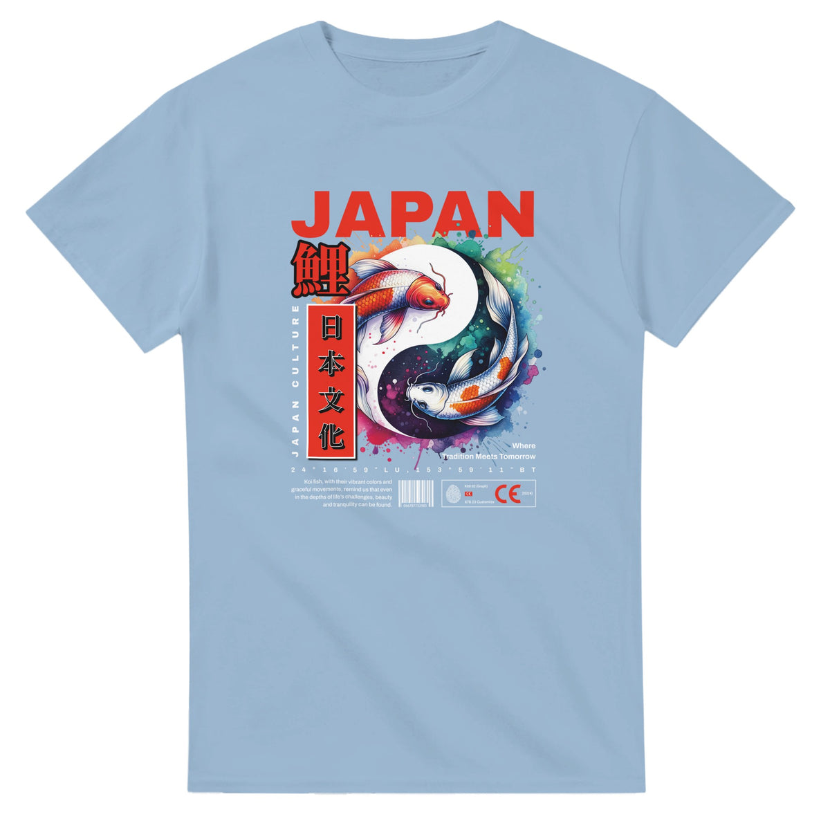 Blue men's graphic T-shirt featuring bold red JAPAN text and koi fish yin-yang design.