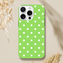Green & white polka dot tough iPhone case with shock-absorbing TPU core and dual-layer protection for daily drops.