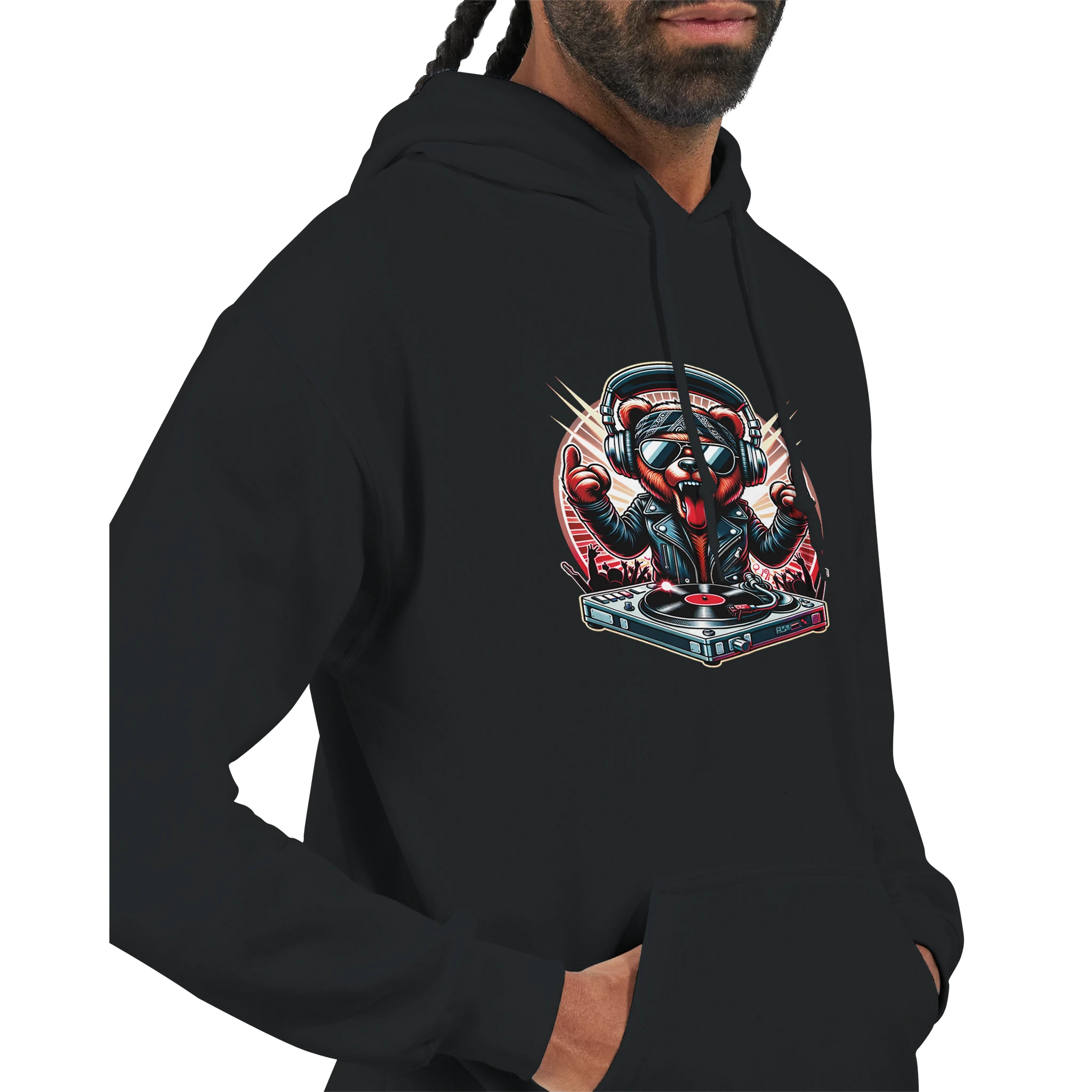 Men's DJ Bear Hoodie in black with a bear DJ graphic on a turntable, 50/50 cotton-polyester, bold everyday style