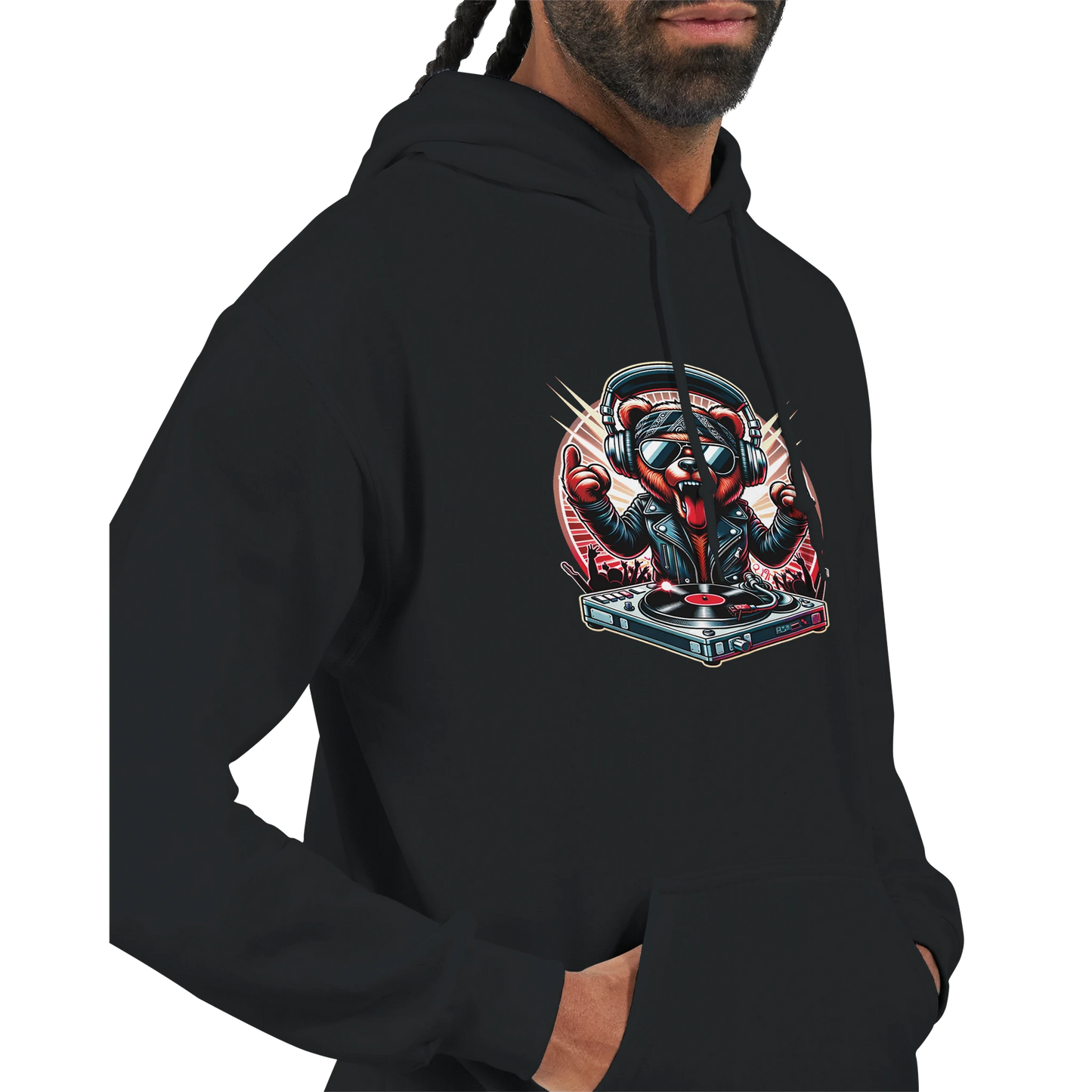 Black men's bear hoodie with a graphic design of a person on a turntable and headphones. 6
