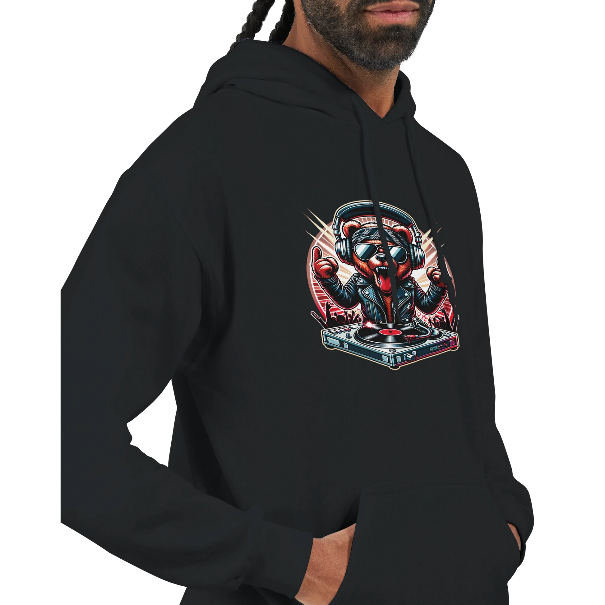 Black men's bear hoodie with a graphic design of a person on a turntable and headphones. 6