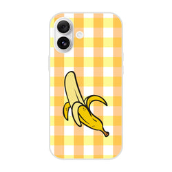 Banana-gingham iPhone case with yellow checkered pattern and banana illustration (13-16)