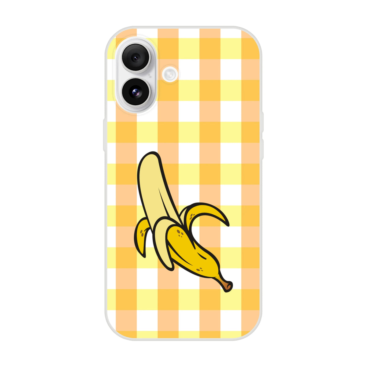 Banana-gingham iPhone case with yellow checkered pattern and banana illustration (13-16)