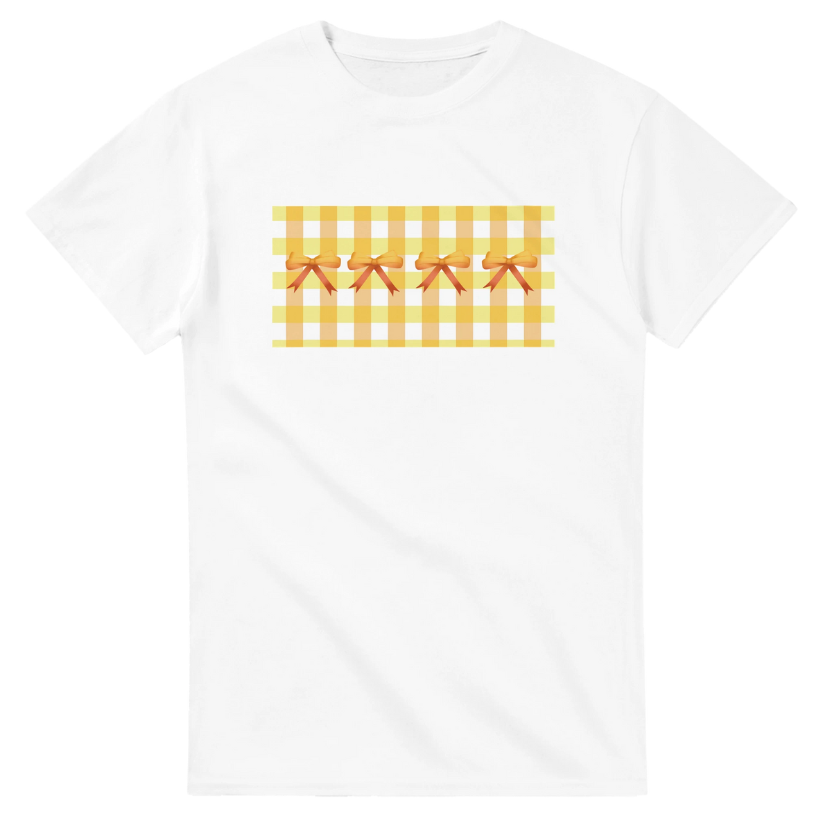 Yellow bow gingham T-shirt for women with bow details, a Coquette aesthetic tee.