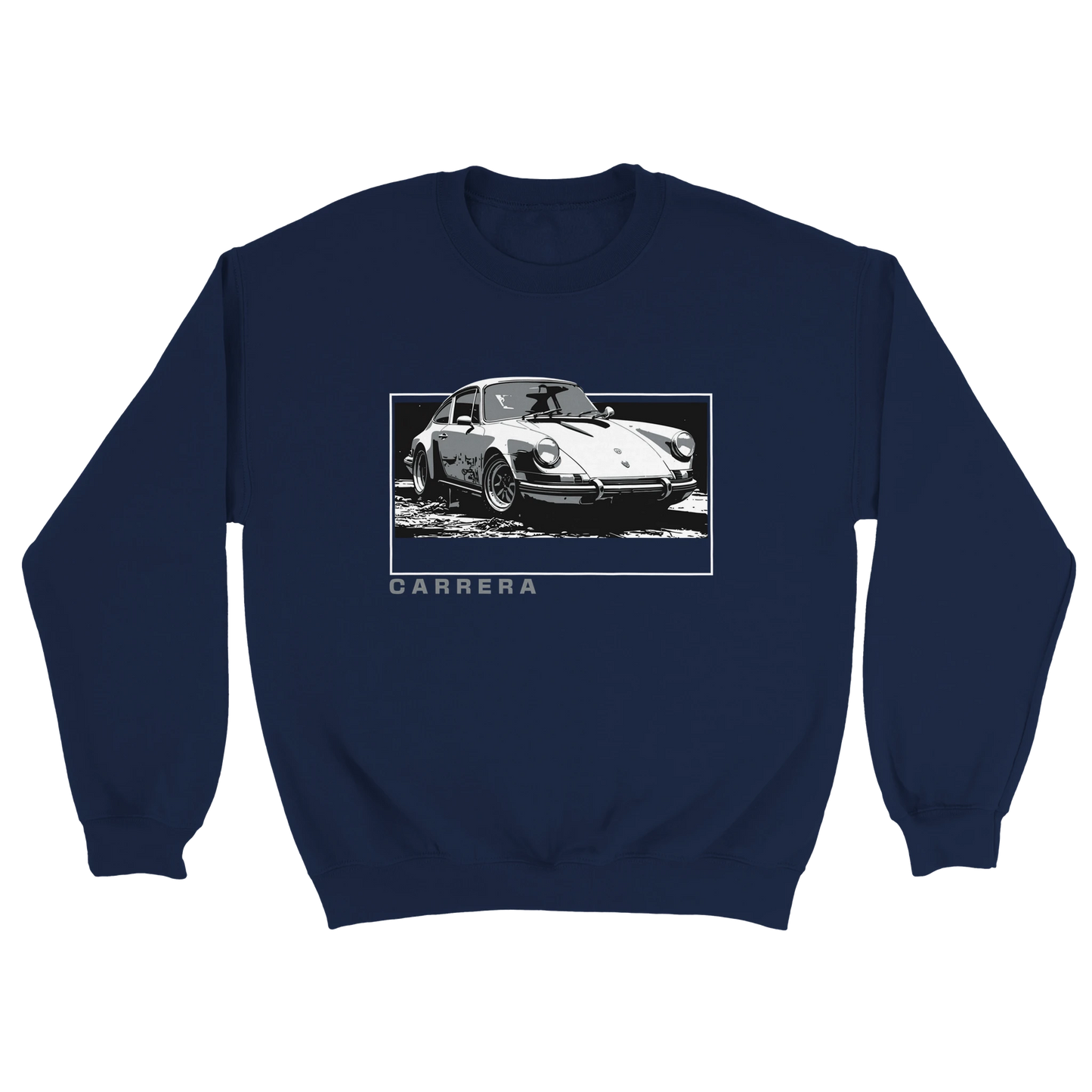 Navy sweatshirt featuring a framed black-and-white Porsche Carrera car graphic and the CARRERA text
