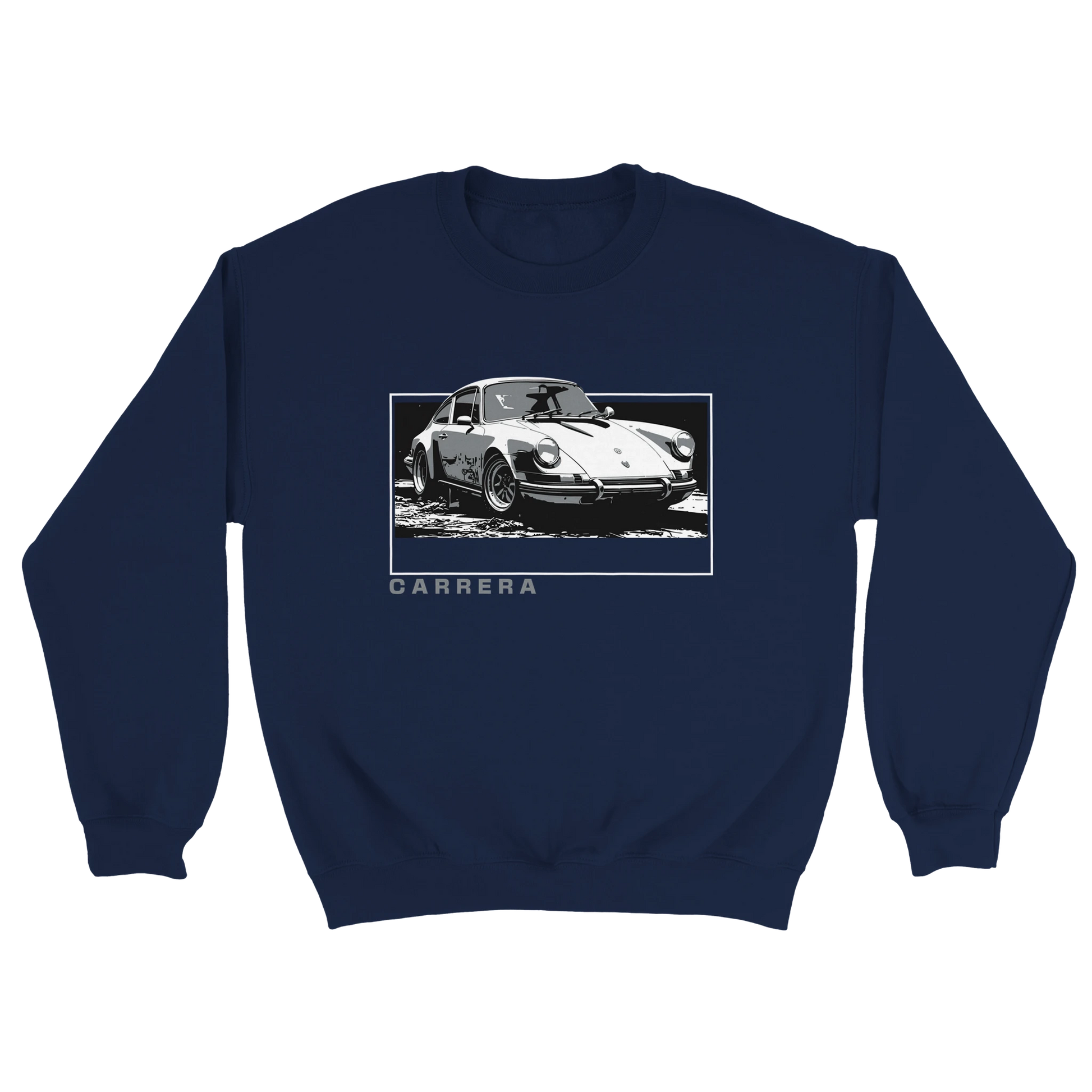 Navy sweatshirt featuring a framed black-and-white Porsche Carrera car graphic and the CARRERA text