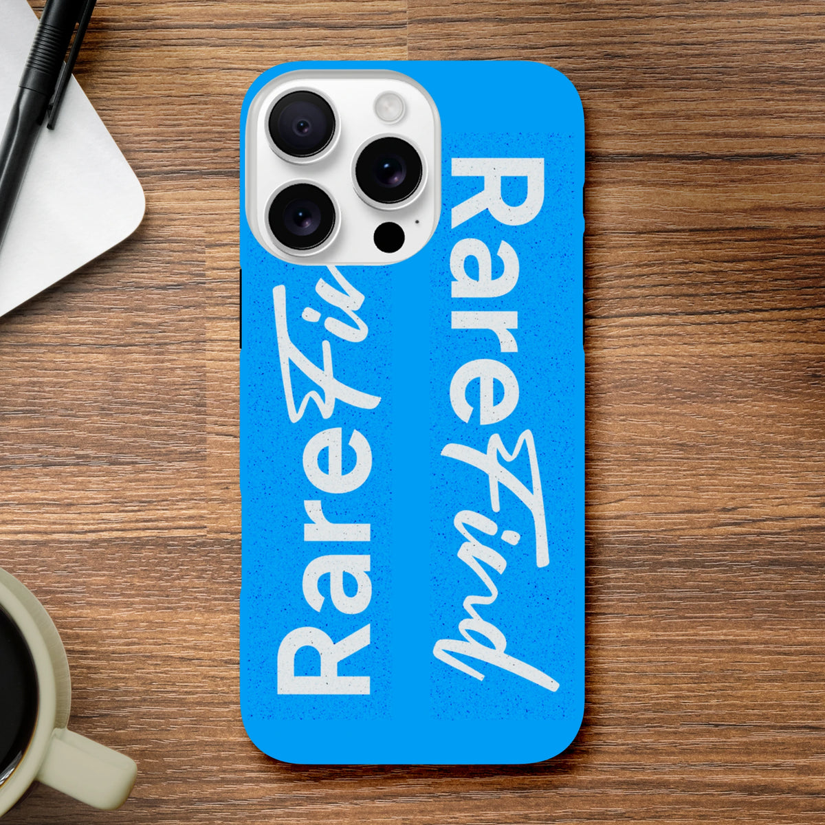 Rare Find Blue Tough iPhone case featuring vertical white slogan typography on a textured blue background, ideal for streetwear style.