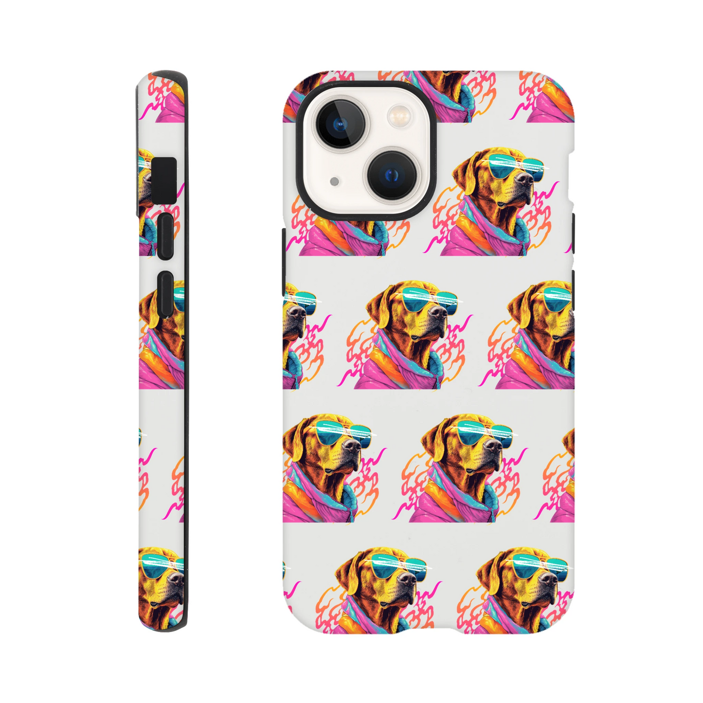 Tough glossy 2-layer dog-print phone case for iPhone 16/15/14/13; dog wearing sunglasses with wraparound print.