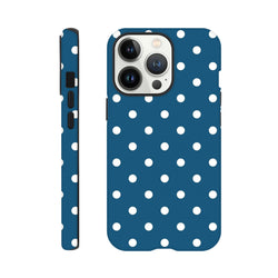 Navy blue and white polka dot iPhone case with shock-absorbing TPU protection and wraparound gloss finish for models 13-16.