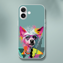 Funny dog iPhone 13-16 case with retro aesthetic, teal background, colorful dog in pink glasses.