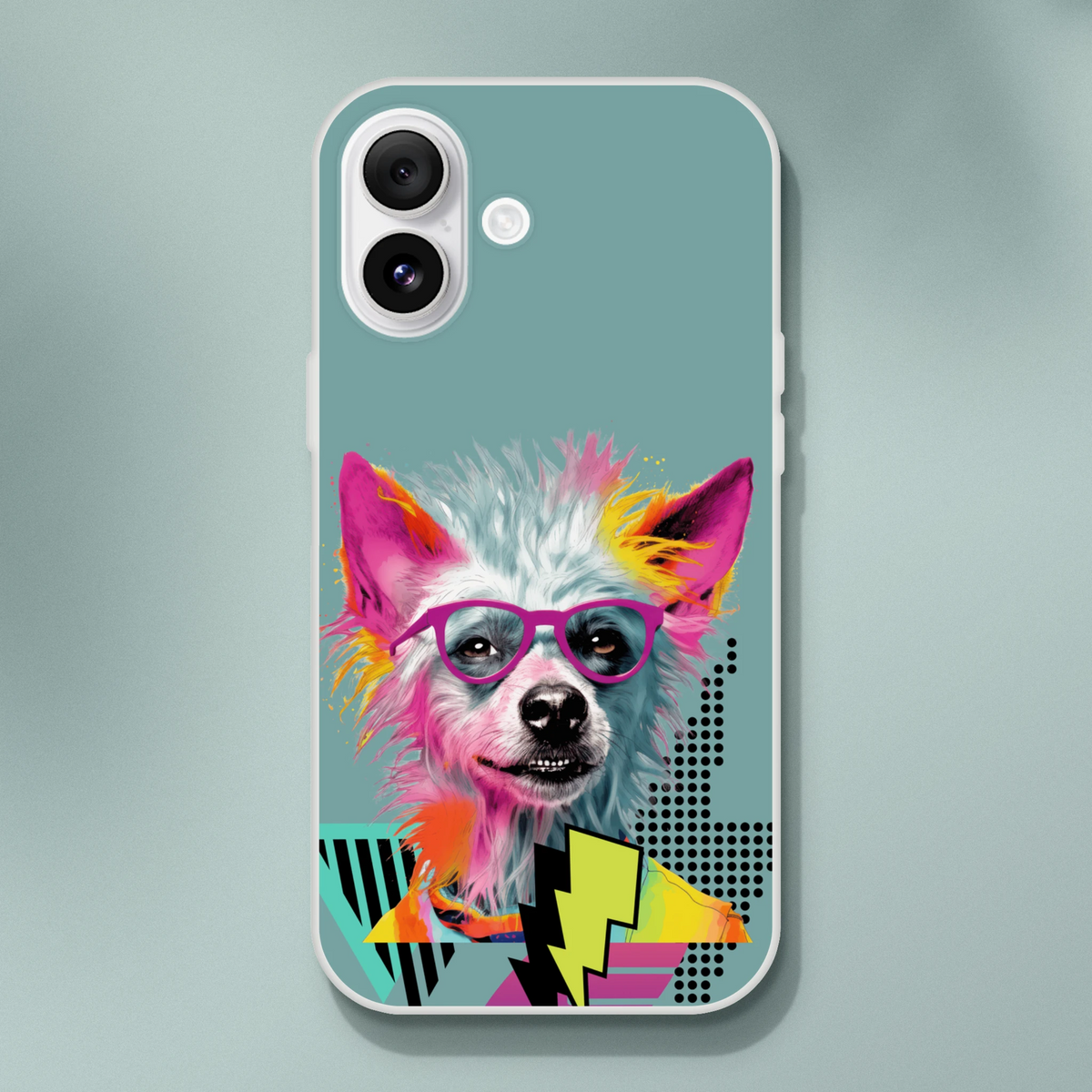 Funny dog iPhone 13-16 case with retro aesthetic, teal background, colorful dog in pink glasses.