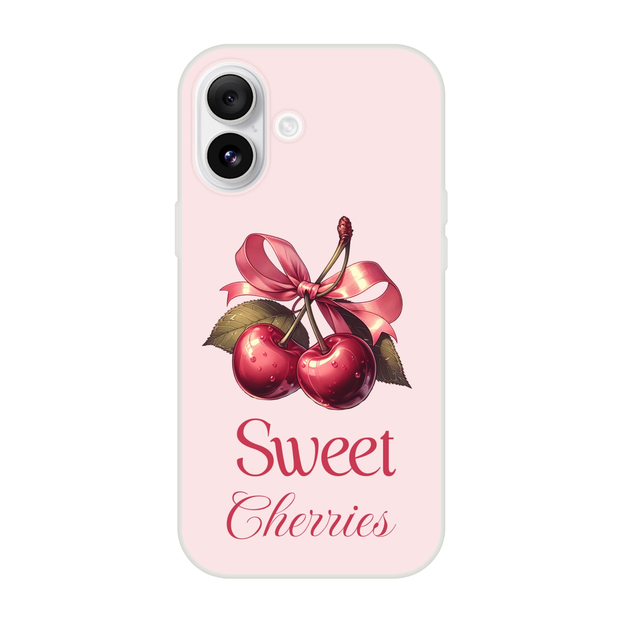 Cherries iPhone case with pink bow on pastel pink background; slim, protective cover for iPhone 16–13.