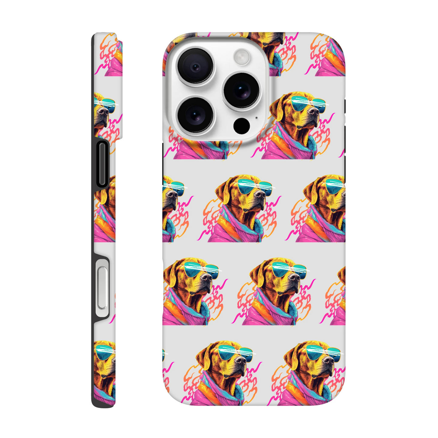Cool dog phone case for iPhone 16/15/14/13 with dual-layer, glossy finish and wraparound print of a colorful dog.