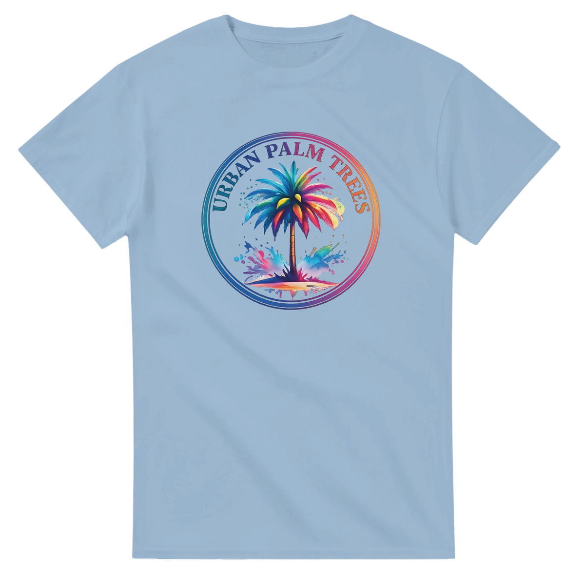 Light blue Urban Palm Trees tee for women featuring a colorful circular palm tree graphic.