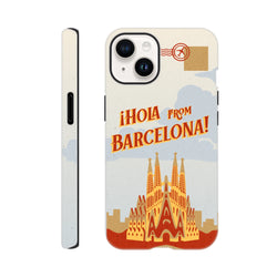 Barcelona Travel Postcard Tough iPhone Case for iPhone 13-16 with wraparound postcard design and Hola from Barcelona.