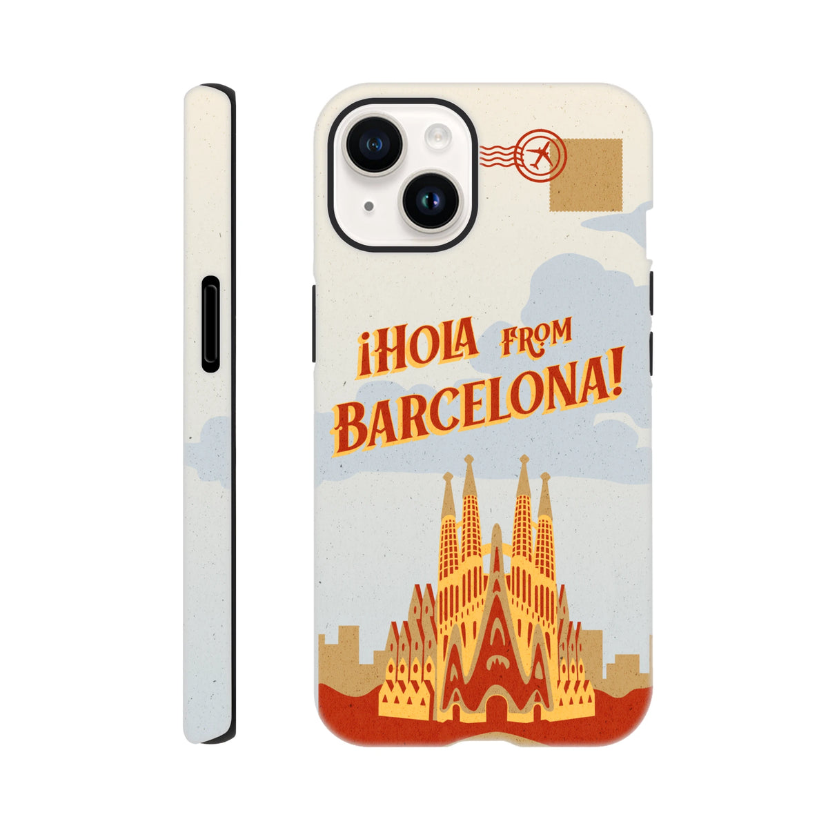Barcelona Travel Postcard Tough iPhone Case for iPhone 13-16 with wraparound postcard design and Hola from Barcelona.