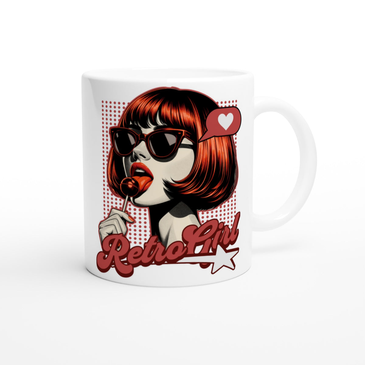 White ceramic mug featuring retro pop-art girl with red bob, sunglasses, lollipop, and Retro Girl slogan.