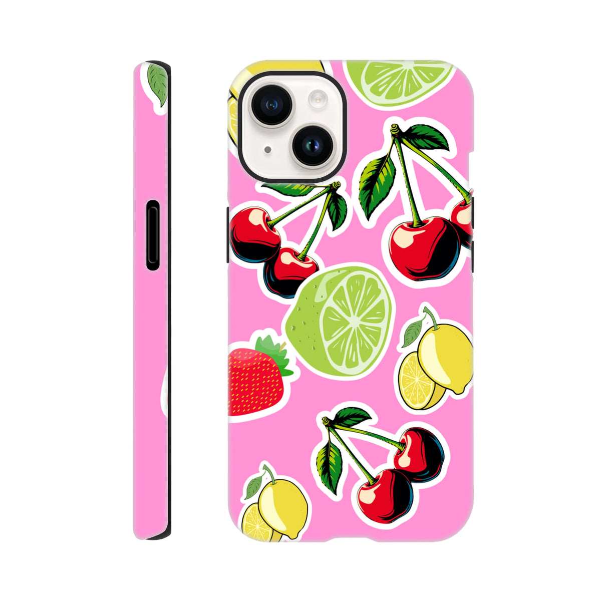 Pink tough iPhone case featuring a vibrant sticker effect pattern of cherries, limes, lemons, and strawberries.