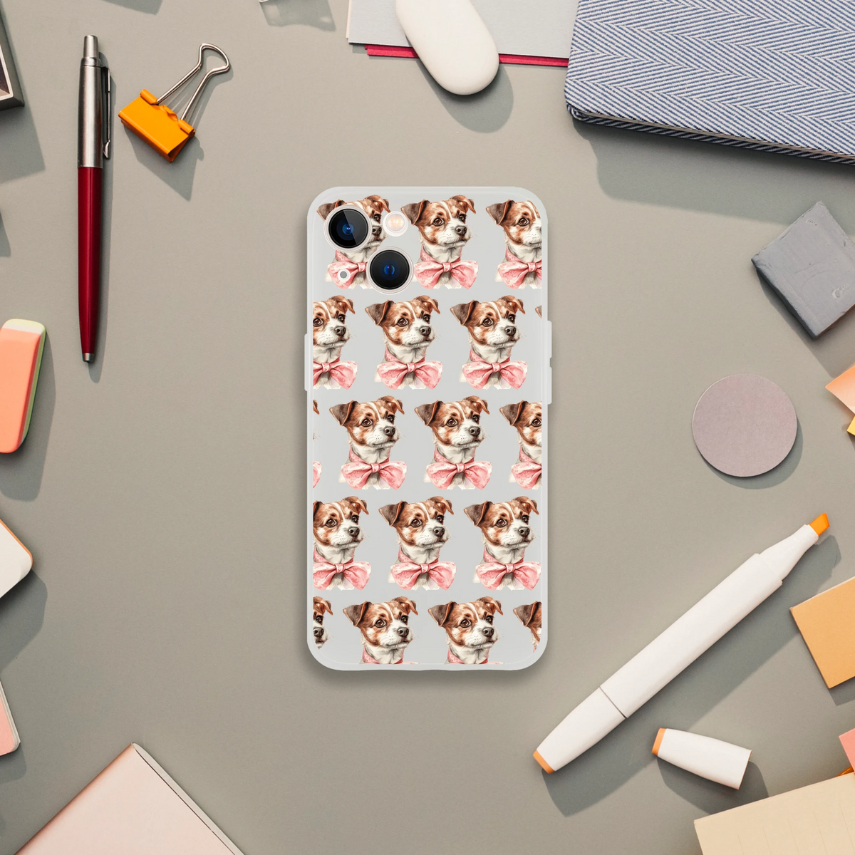 Transparent iPhone case featuring a repeating pattern of cute dogs with pink bows on a light gray background.