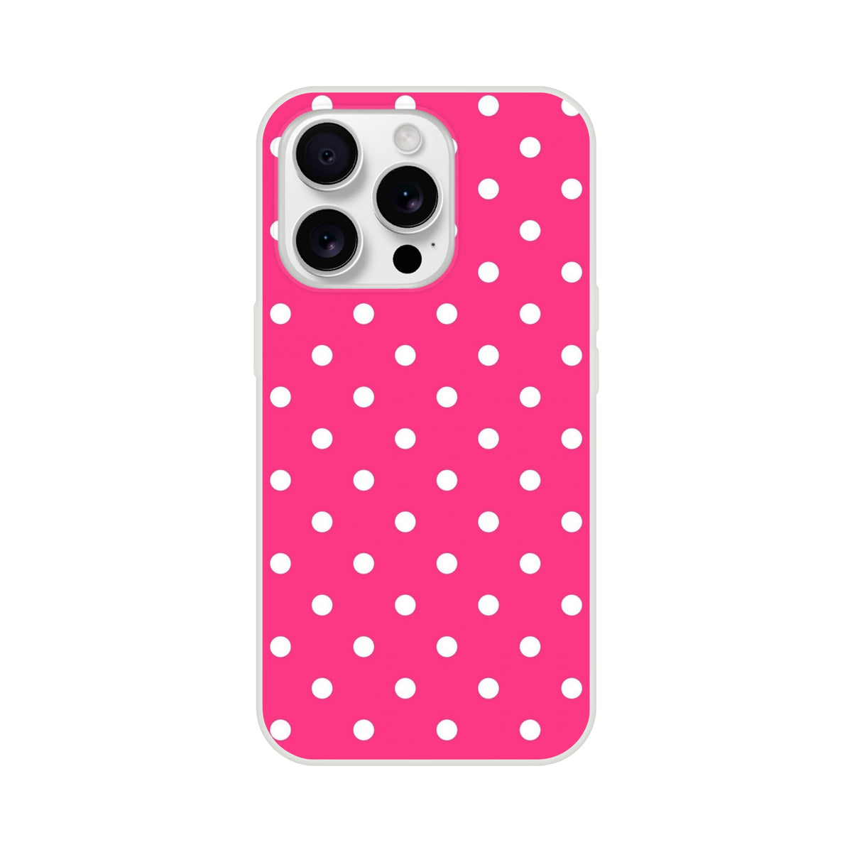 Retro hot pink & white polka dot iPhone case with matte finish and shock-absorbing TPU shell for models 13-16.