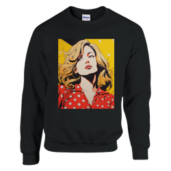 Black sweatshirt featuring a retro pop art woman in a red polka dot dress against a yellow comic background.