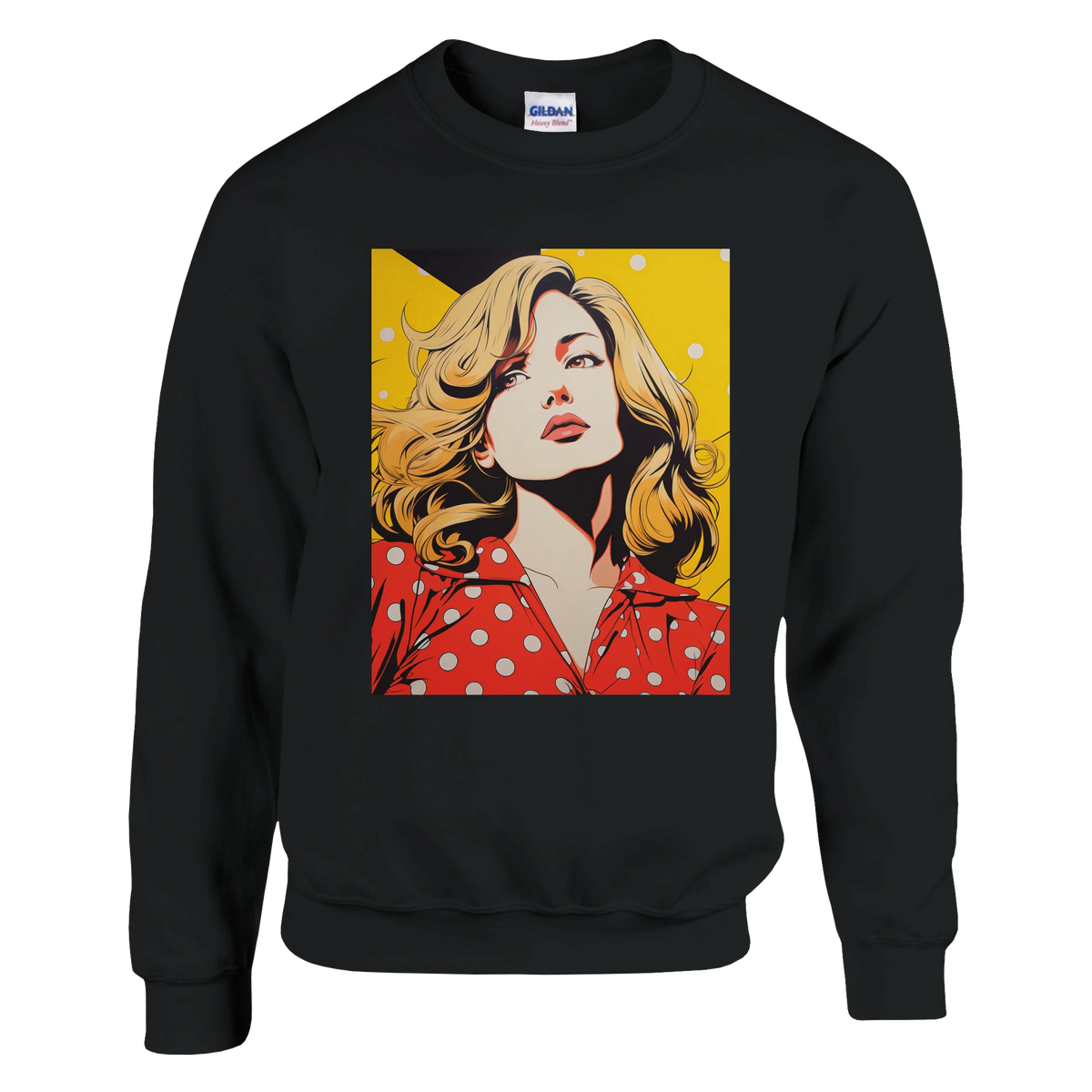 Black sweatshirt featuring a retro pop art woman in a red polka dot dress against a yellow comic background.