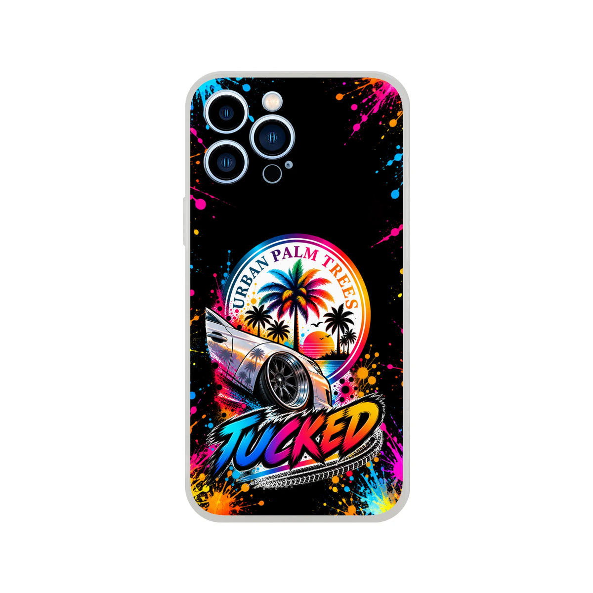Tucked stance petrohead iPhone case with lowered car, palm trees, and colorful paint splatter art on black background.