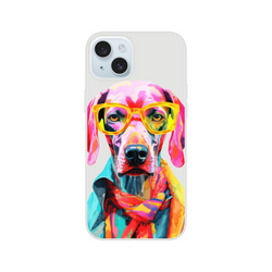 Vibrant pop-art dog wearing yellow sunglasses and a colorful scarf on a transparent, slim iPhone case for 13–16