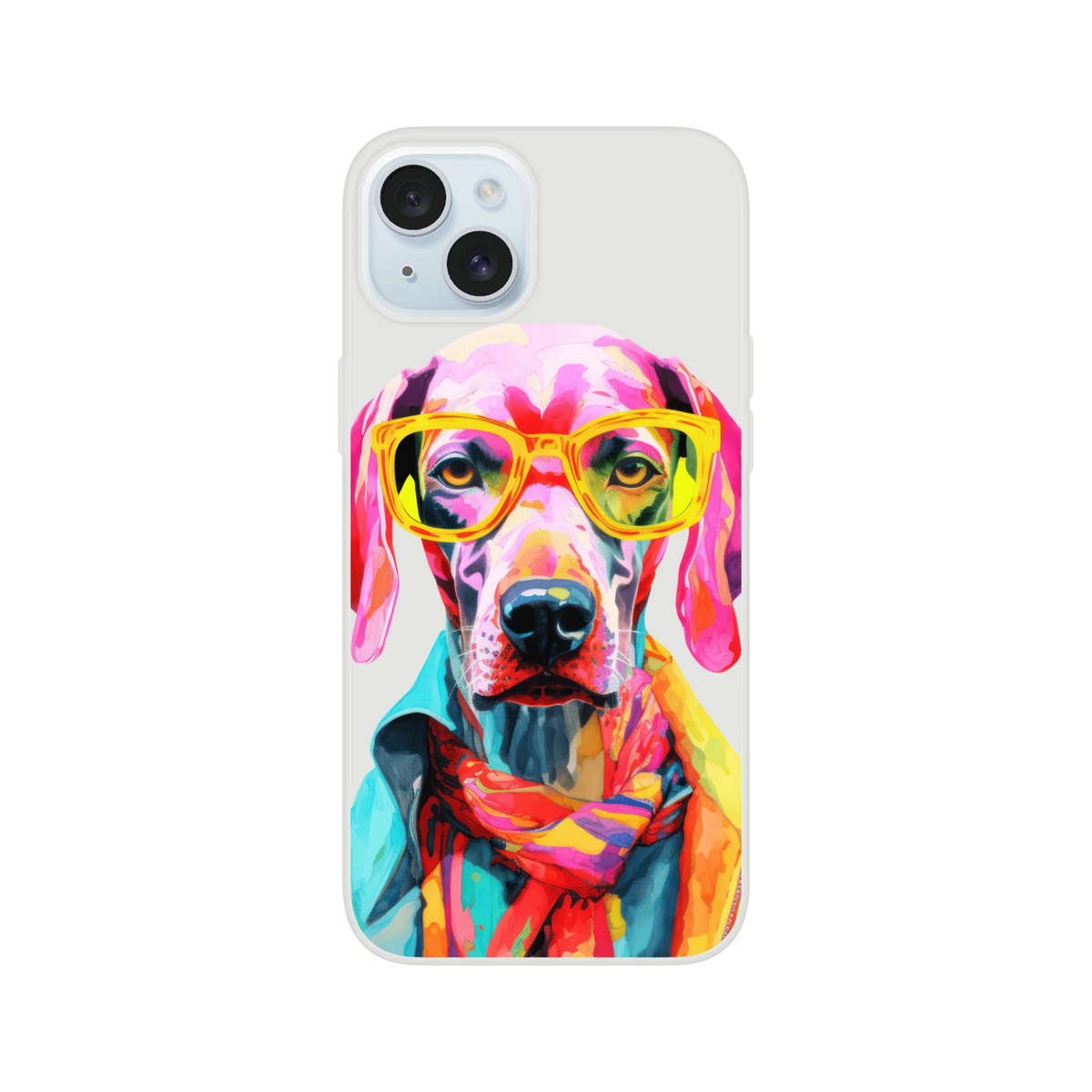 Vibrant pop-art dog wearing yellow sunglasses and a colorful scarf on a transparent, slim iPhone case for 13–16