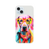 Vibrant pop-art dog wearing yellow sunglasses and a colorful scarf on a transparent, slim iPhone case for 13–16