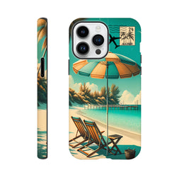 Vintage beach holiday iPhone case featuring retro coastal art with deck chairs, umbrella, pier, and postmark stamp design.