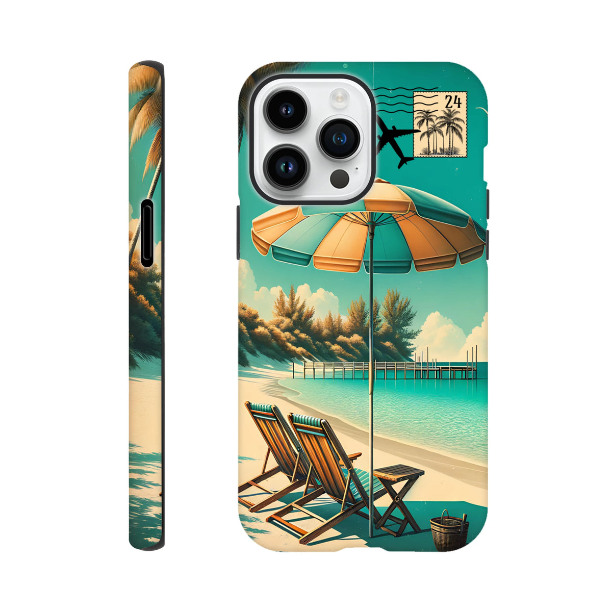 Vintage beach holiday iPhone case featuring retro coastal art with deck chairs, umbrella, pier, and postmark stamp design.