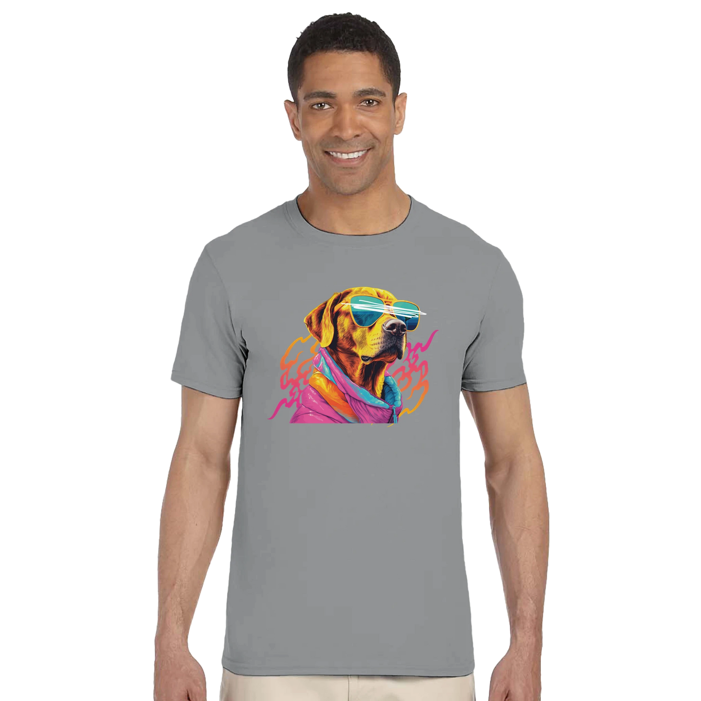 Male model wearing a gray graphic tee featuring a colorful dog wearing sunglasses.