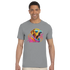 Male model wearing a gray graphic tee featuring a colorful dog wearing sunglasses.