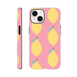 Pink tough iPhone case featuring a cute yellow lemon pattern with leaves on a pink background for street style protection.
