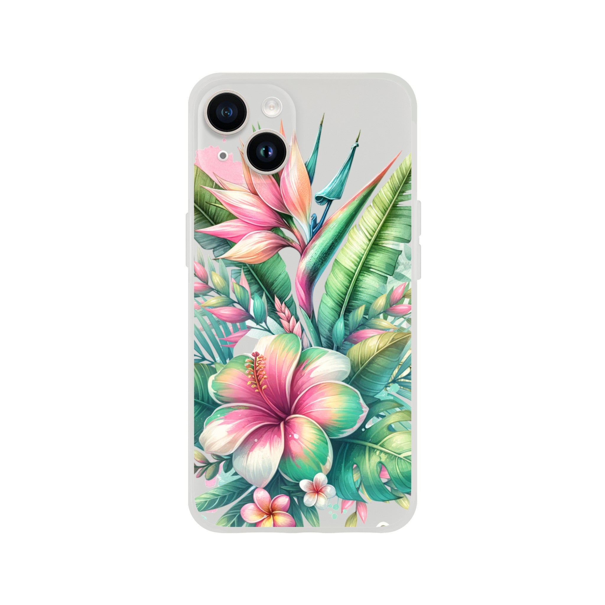 Exotic tropical flower design on a slim protective iPhone case for iPhone 16, 15, 14, 13.