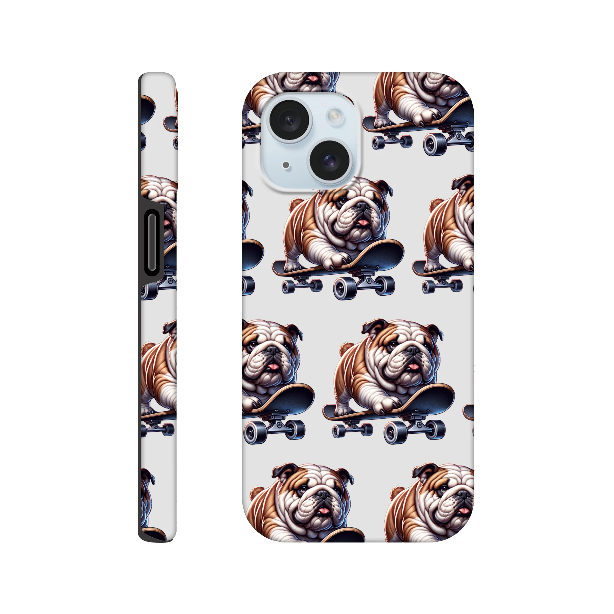 British Bulldog phone case with skateboard motif for iPhone 16/15/14/13, rugged dual-layer protection.