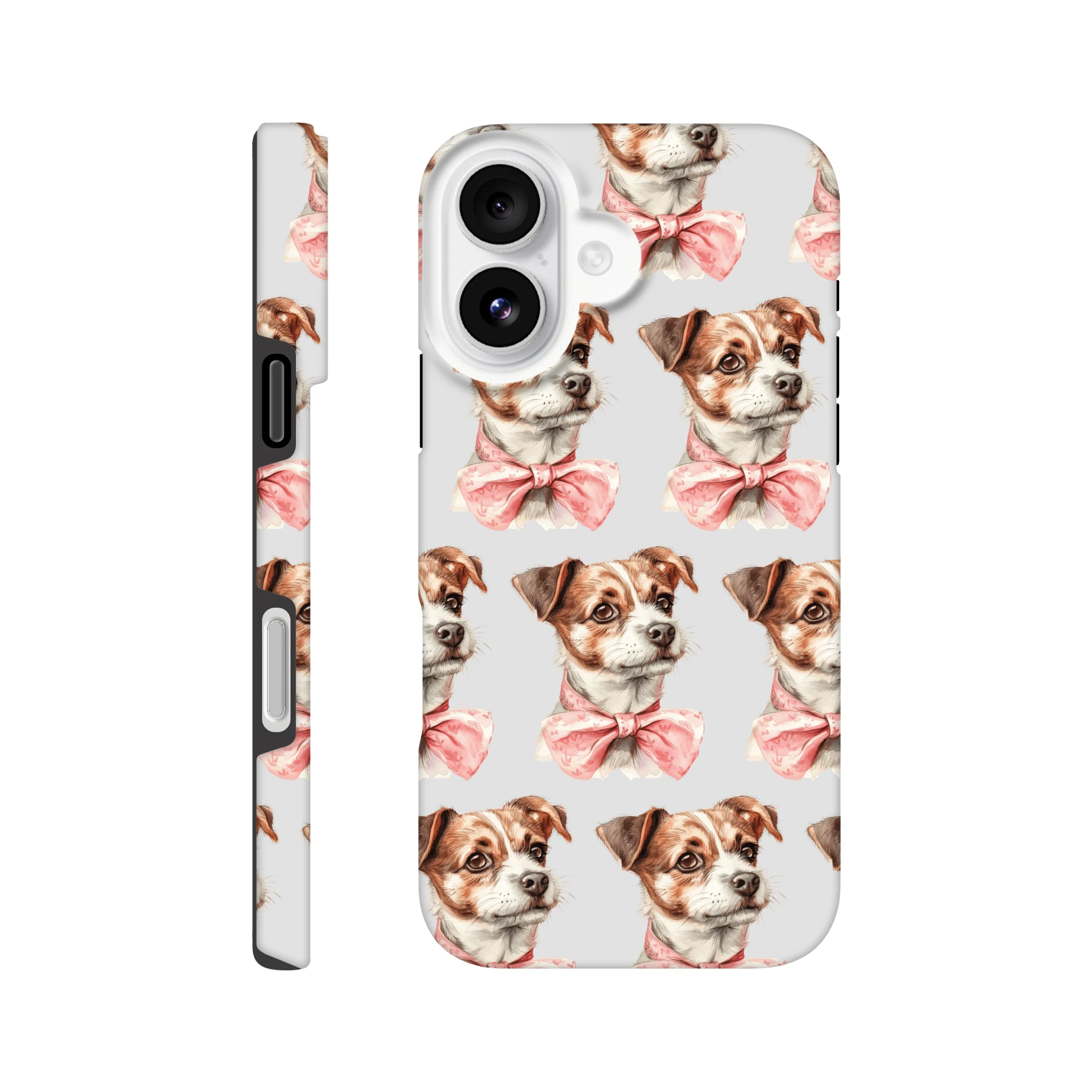 Cute dog-pattern tough case for iPhone 16/15/14/13 with pink bow ties, dual-layer wraparound print on back and sides.