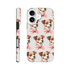 Cute dog-pattern tough case for iPhone 16/15/14/13 with pink bow ties, dual-layer wraparound print on back and sides.