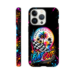 Black iPhone case featuring colorful paint splatters, "Urban Palm Trees" sunset graphic, checkered racing flag, and "Flat Out" text.