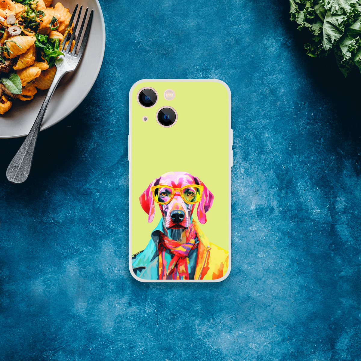 Funny dog iPhone case 13-16, lime green with colorful dog wearing sunglasses design