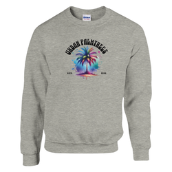 Grey men's sweatshirt featuring a colorful palm tree graphic and curved Urban Palm Trees text, retro streetwear vibe.