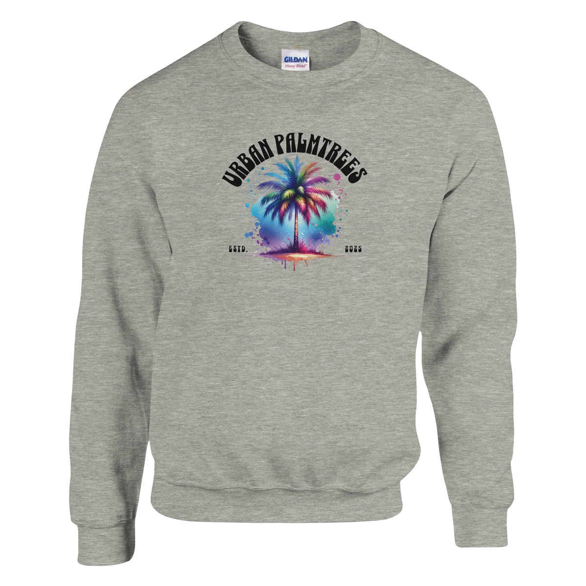 Grey men's sweatshirt featuring a colorful palm tree graphic and curved Urban Palm Trees text, retro streetwear vibe.