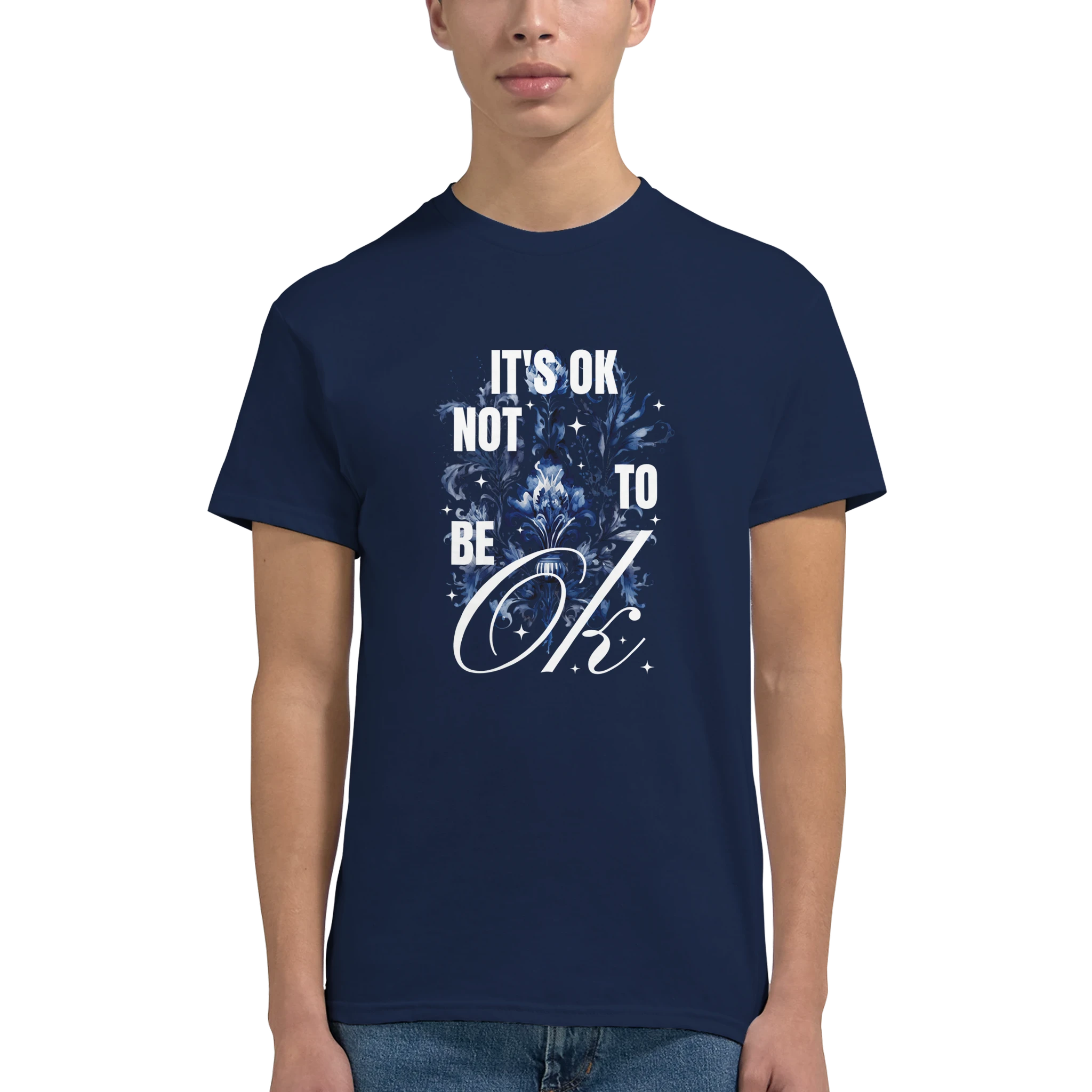 Navy cotton-blend T-shirt with 'It's OK Not To Be OK' slogan and blue floral graphic.