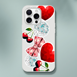 Y2K aesthetic iPhone case featuring sticker-style red cherries, pink heart bows, gem hearts, and disco balls on a glossy clear shell.