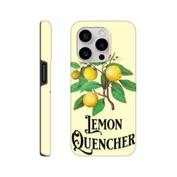 Retro yellow iPhone case featuring vintage lemon branch illustration and Lemon Quencher text for tough urban protection.